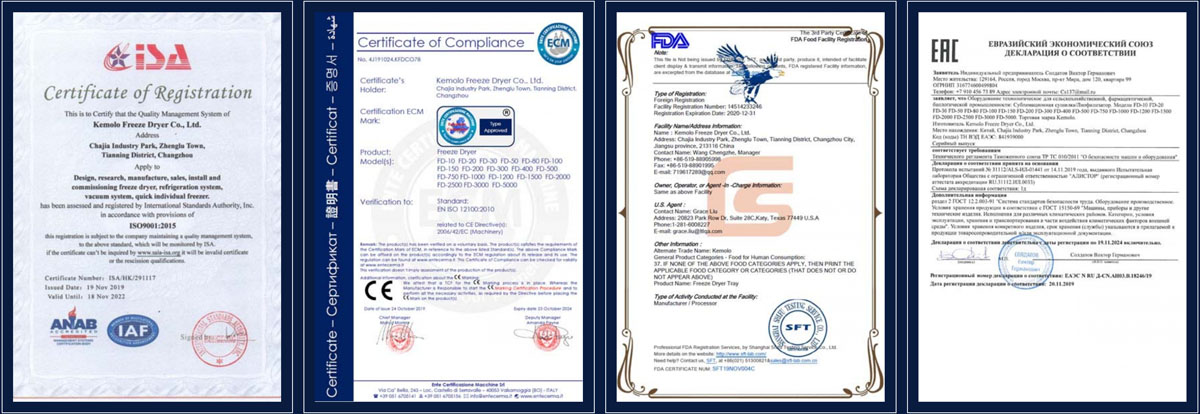 Certificado de liofilizador de frutas y verduras, CE, ISO9001, EAC, ASME, FDA